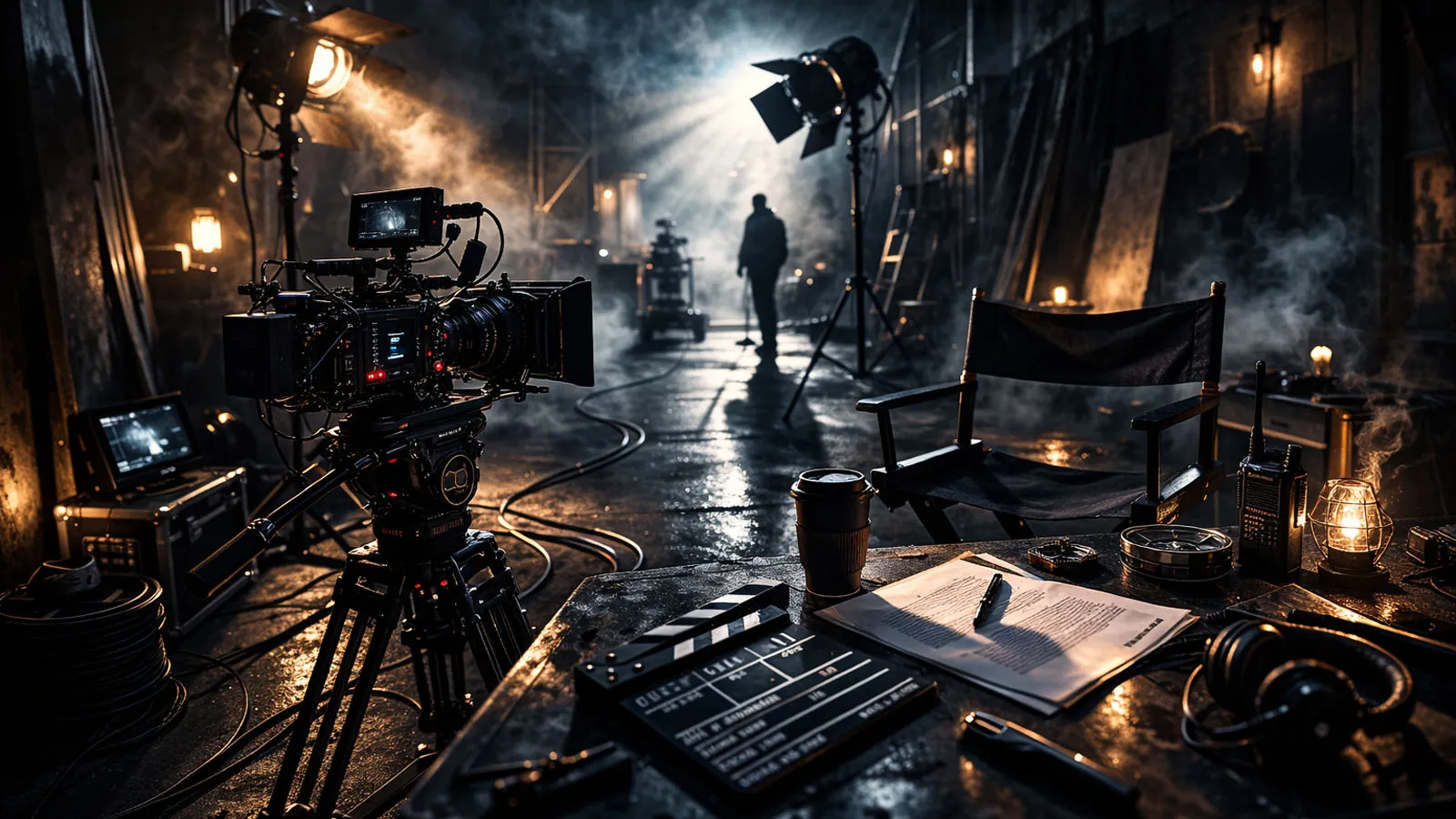 Backstage cinematográfico con luz recortada y humo sutil