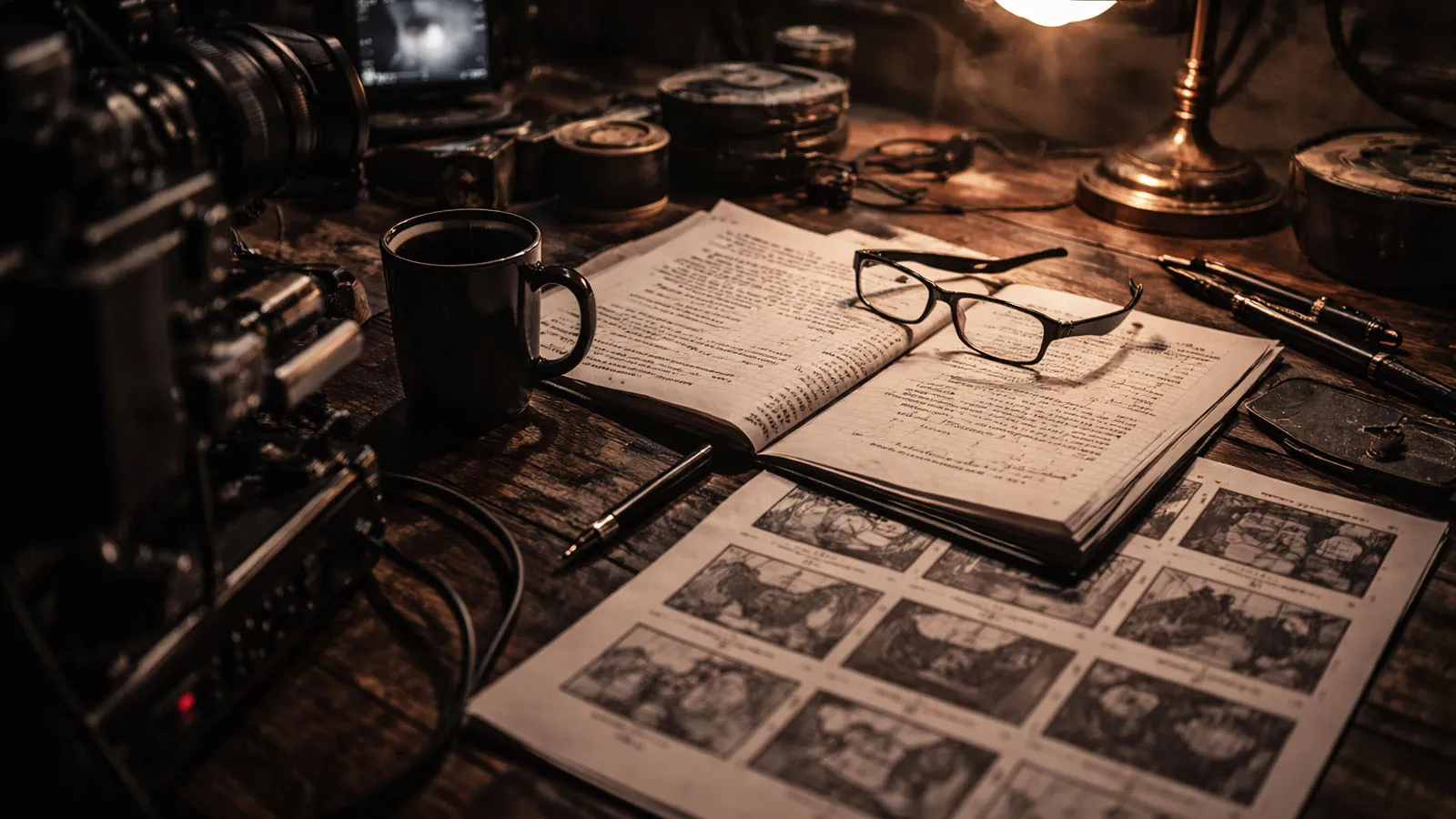 Mesa de dirección con guion y storyboard cinematográfico