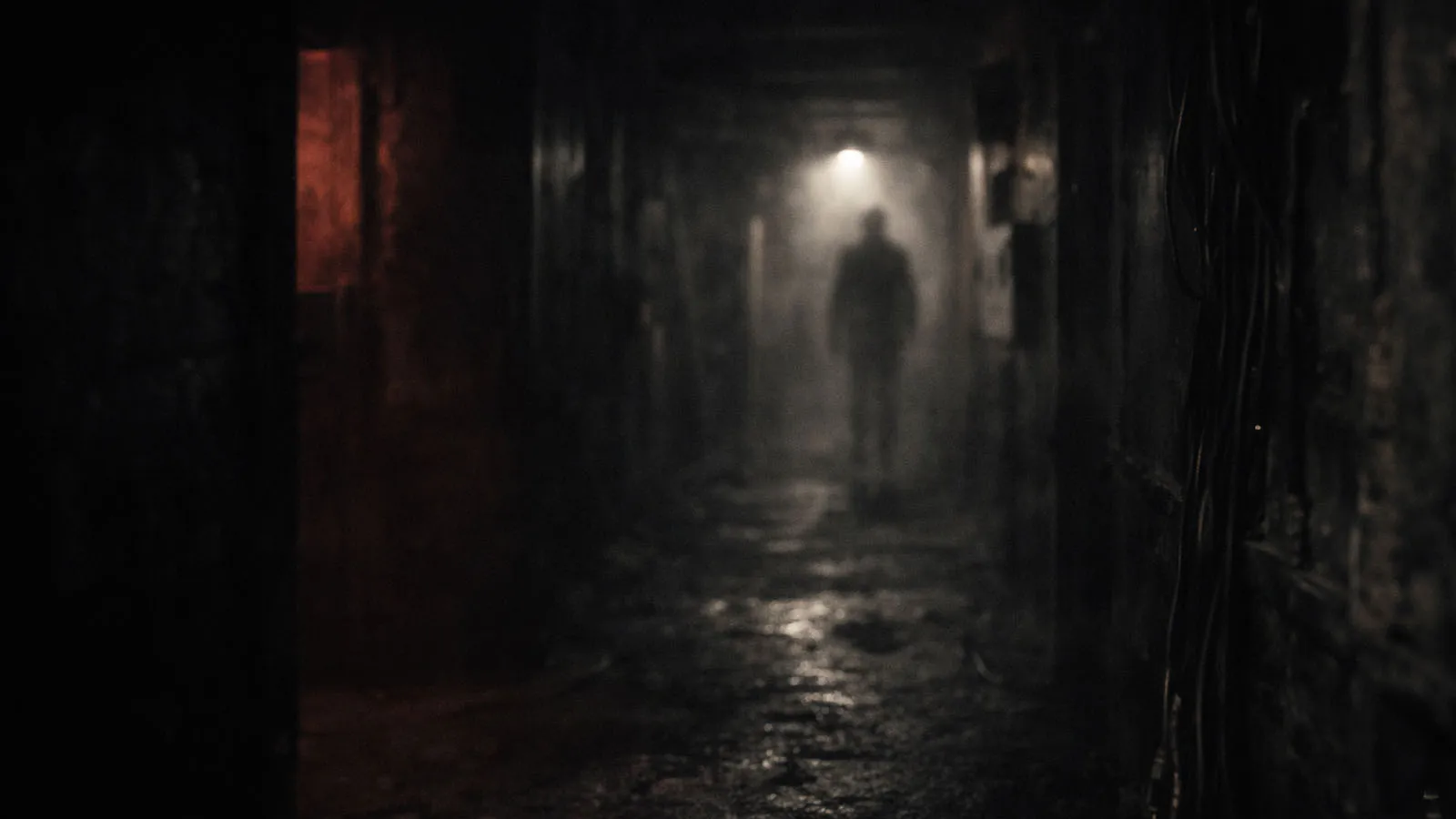 Pasillo oscuro cinematográfico con atmósfera densa