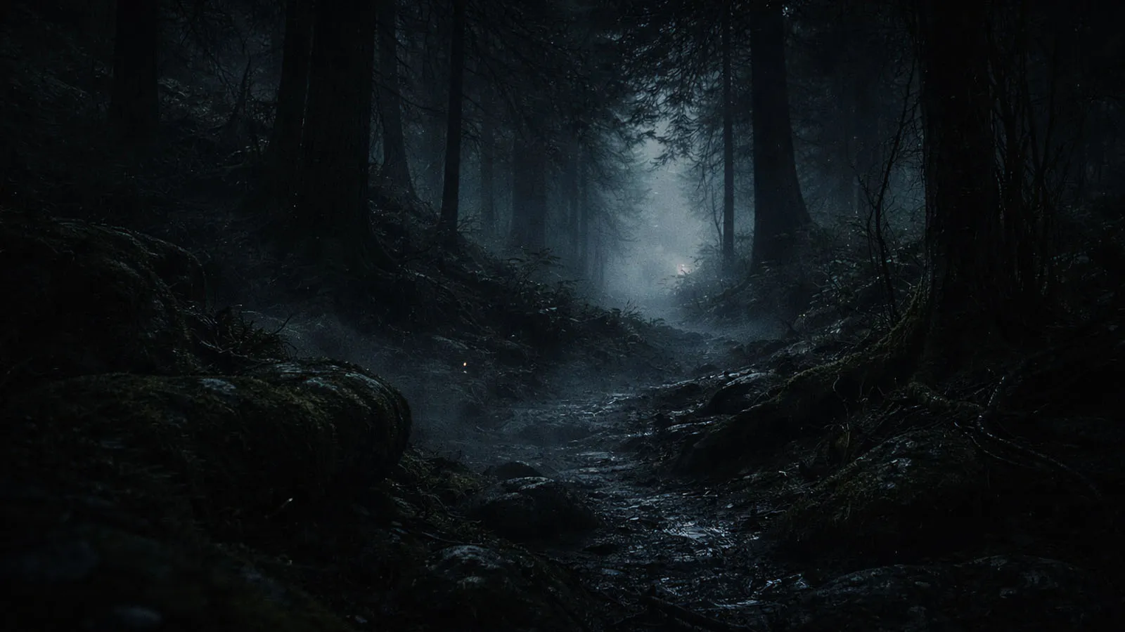 Bosque nocturno atmosférico con niebla